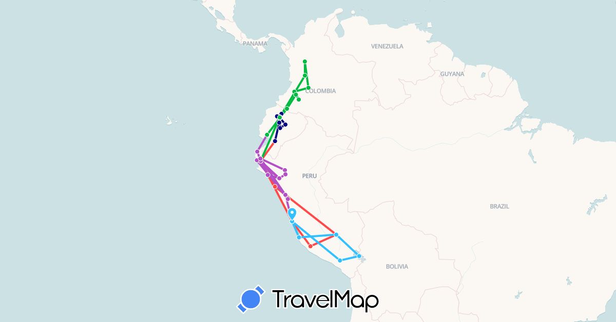 TravelMap itinerary: driving, bus, train, hiking, boat in Colombia, Ecuador, Peru (South America)